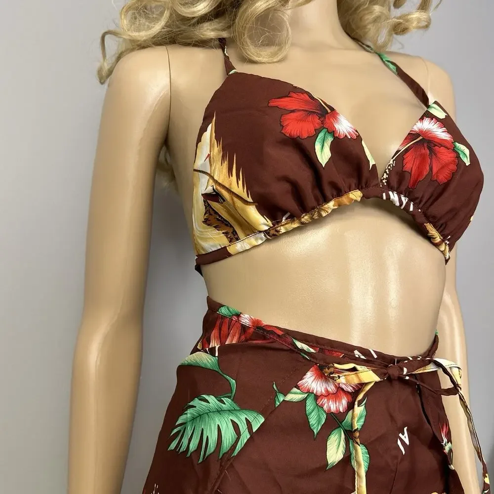 NEW Vintage Hawaiian Set Medium Wrap Shorts Triangle Bikini Top Hukilau Fashions